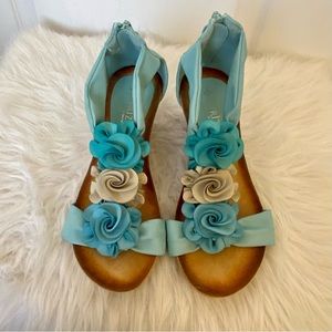 Patrizia by Spring Step Harlequin Wedge Sandal Turquoise 3D Flower Shoes
